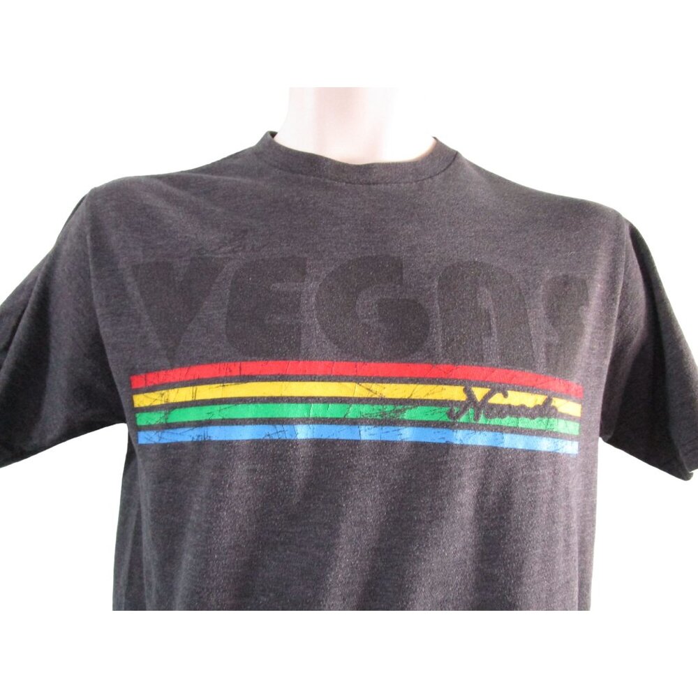 Rainbow Stripe Vintage Vegas Charcoal T Shirt Unisex Small Distressed GUC - Picture 9 of 12